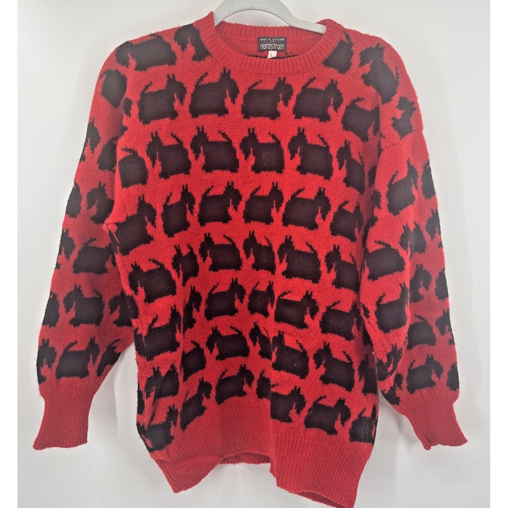 VTG Nordstrom Wool Sweater Scottie Dog L  Womens Red Grandmacore‎